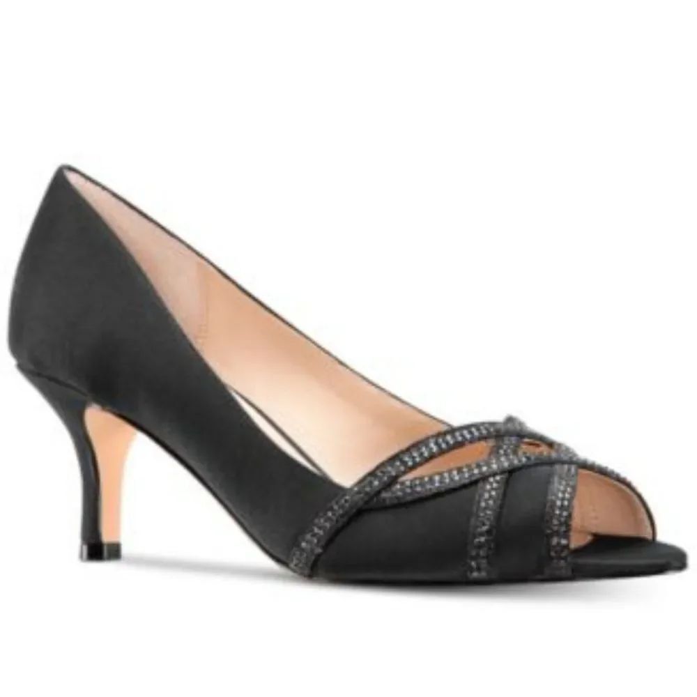 NINA NEW YORK PEEP TOE SATIN ILLUMINATED WITH CRISSCROSS RHINESTONE PUMP